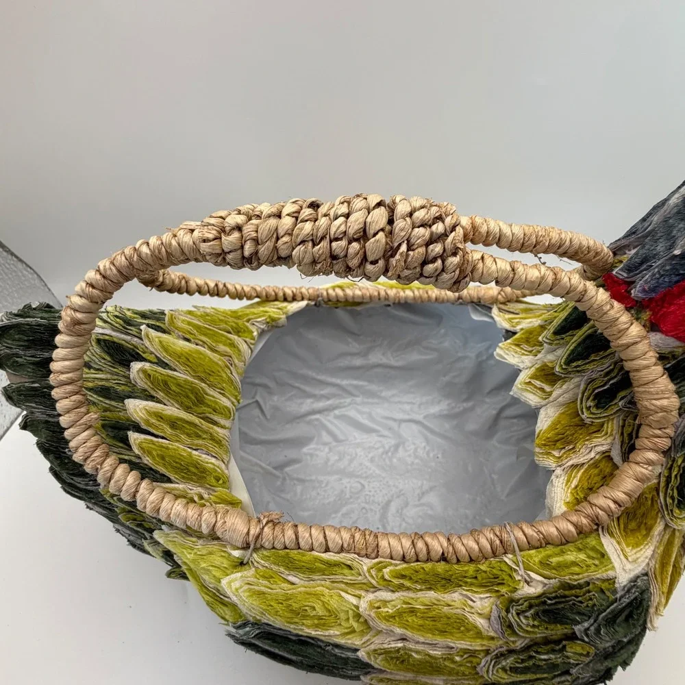 Vintage Style Handcrafted Chicken Rooster Basket Green Red Woven Farmhouse Decor